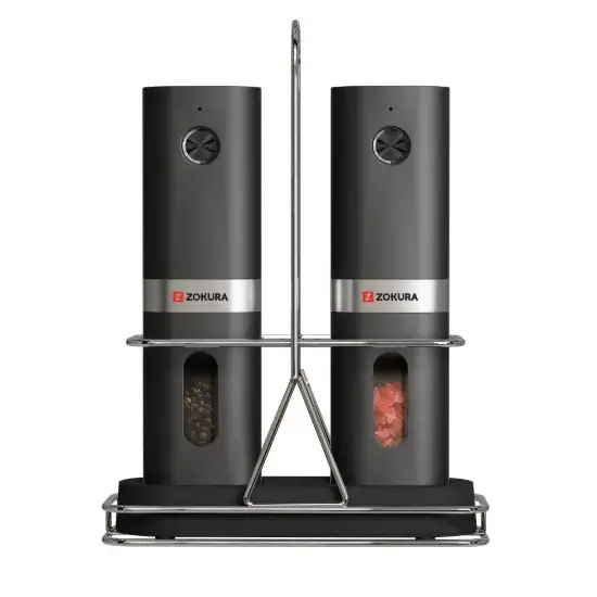 Set mit 2 elektrischen Mühlen für Salz und Pfeffer, inklusive Metallständer - Zokura