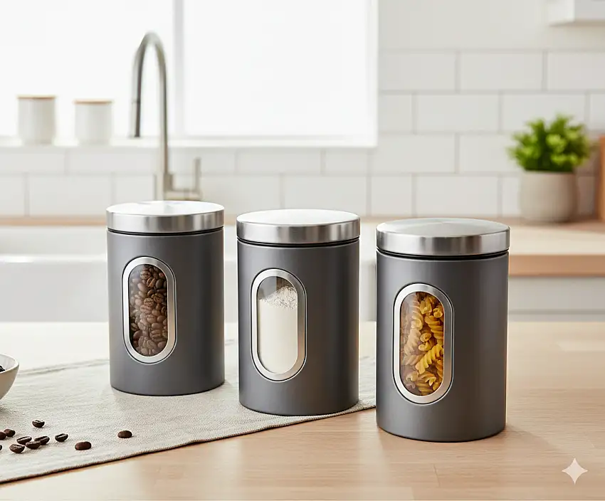 3 Aufbefahrungsboxen, 17 cm Hoch, Edelstahl/Kunststoff, Snackbox