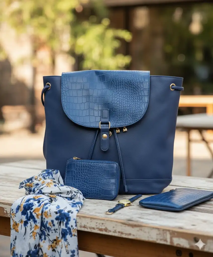 5 tlg. Damen Rucksack Set, Marine, Schultertasche, Tuch, Uhr ,Geldbörse,Rucksack