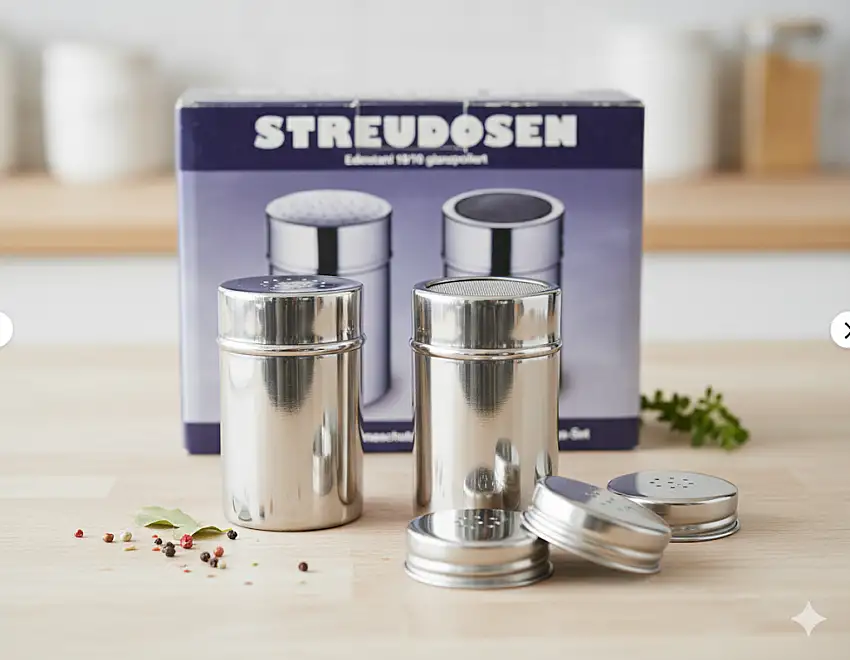 2 Streudosen Edelstahl, 18/10 Glanzpoliert, Aromaschutzdeckel